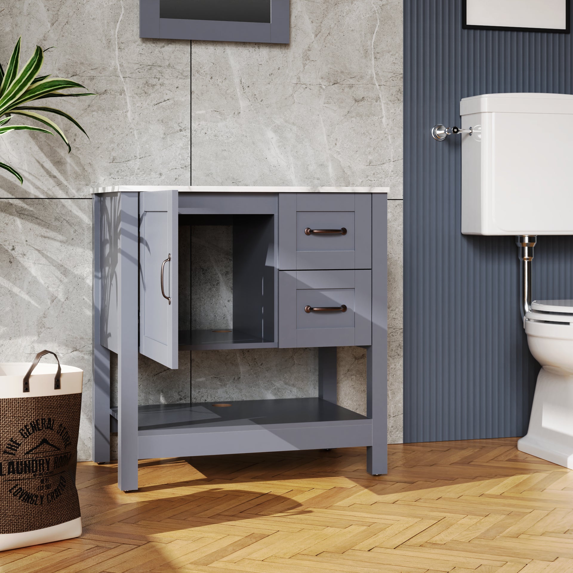 30 Inch Gray Bathroom Vanity with Mirror - MDF Storage