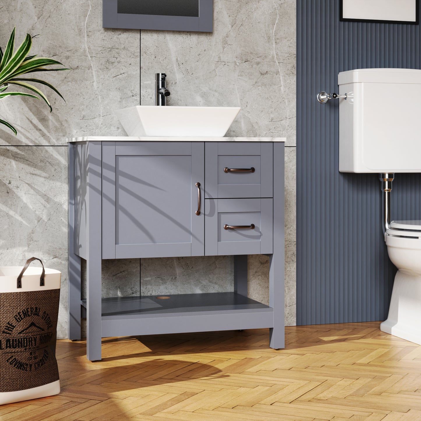 30 Inch Gray Bathroom Vanity with Mirror - MDF Storage