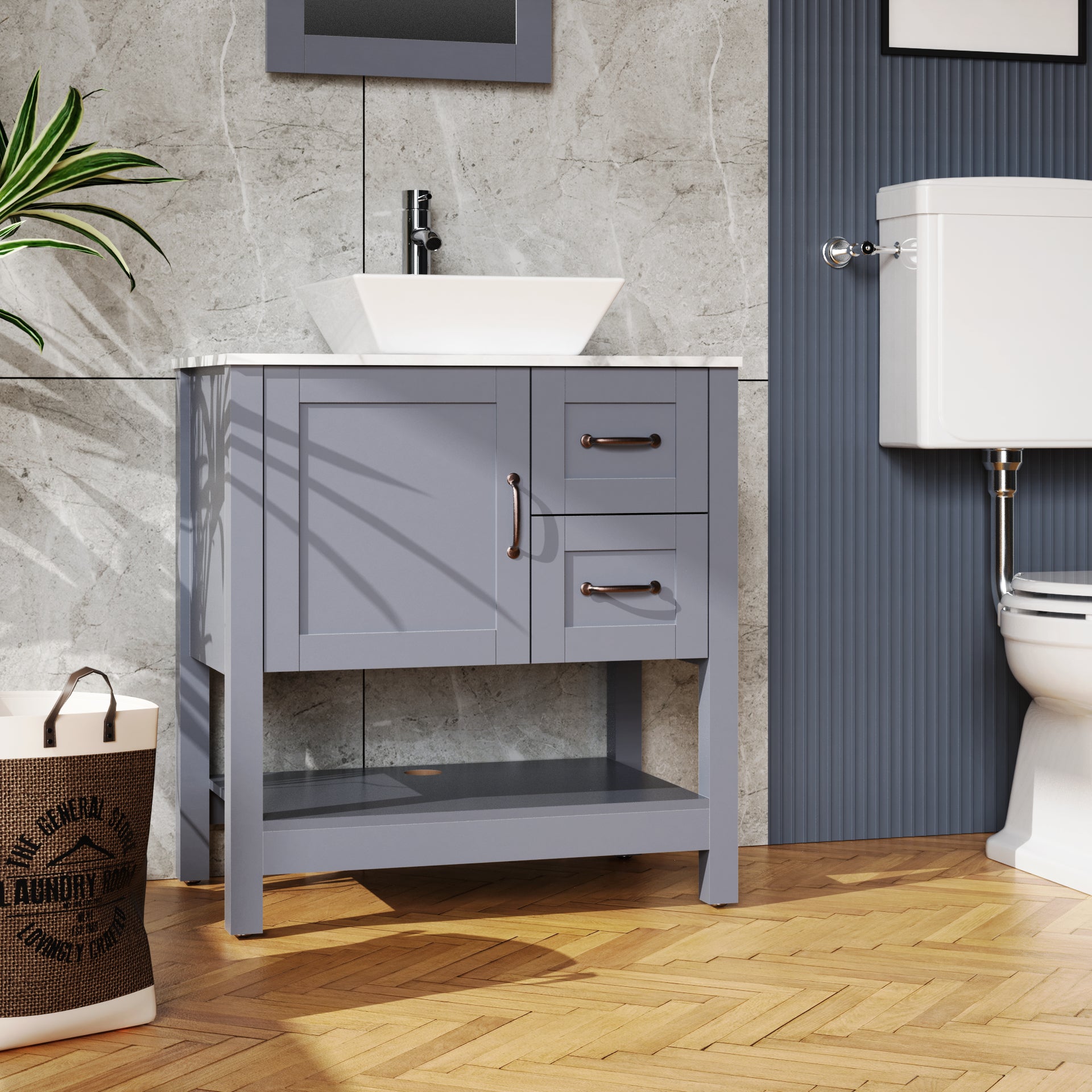 30 Inch Gray Bathroom Vanity with Mirror - MDF Storage