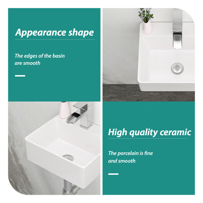 White Ceramic Rectangle Wall Mount Bathroom Sink - 13.6x11.6 Inch