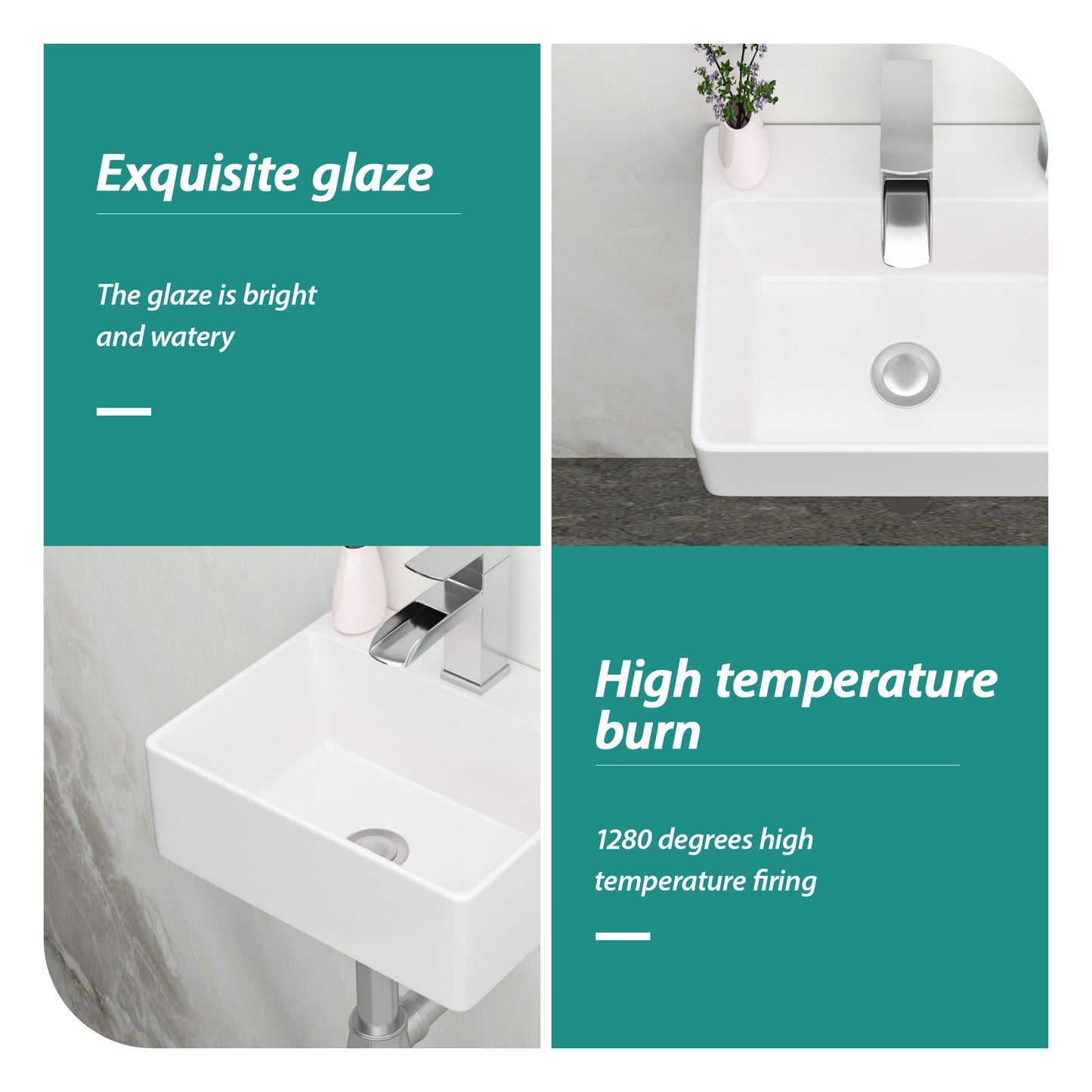 White Ceramic Rectangle Wall Mount Bathroom Sink - 13.6x11.6 Inch
