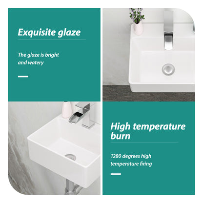 White Ceramic Rectangle Wall Mount Bathroom Sink - 13.6x11.6 Inch