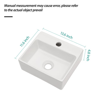 White Ceramic Rectangle Wall Mount Bathroom Sink - 13.6x11.6 Inch