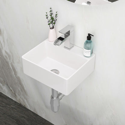 13.6x11.6 Inch White Ceramic Rectangle Wall Mount Bathroom Sink with Single Faucet Hole