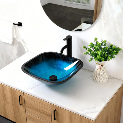 Bathroom Artistic Tempered Glass Vessel Bathroom Sink with Faucet and Pop-up Drain, Blue