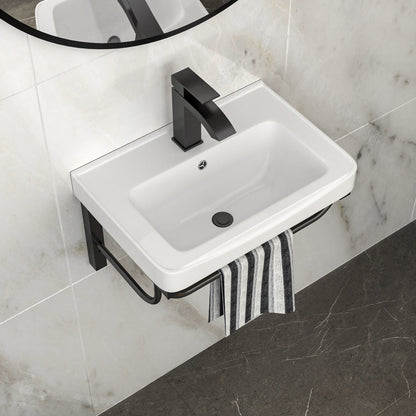 19.88"x14.25" Wall-Mounted Rectangular Ceramic Bathroom Sink with Black Towel Bar & Overflow