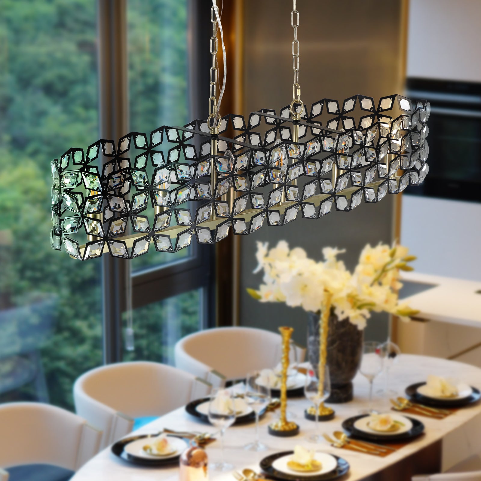 39 Inch Black Gold Crystal Chandelier Pendant Light Fixture