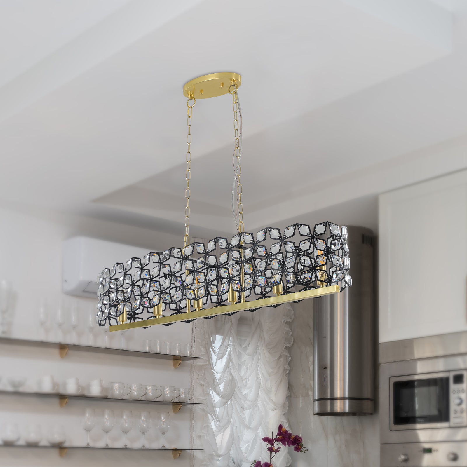 39 Inch Black Gold Crystal Chandelier Pendant Light Fixture