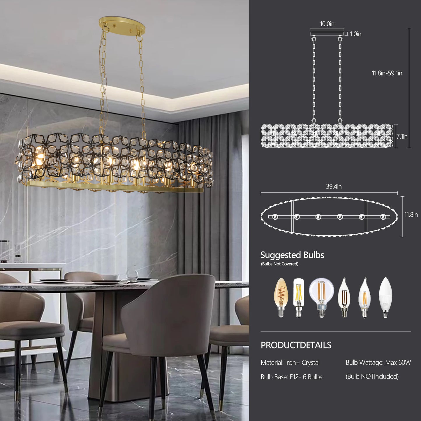 39 Inch Black Gold Crystal Chandelier Pendant Light Fixture