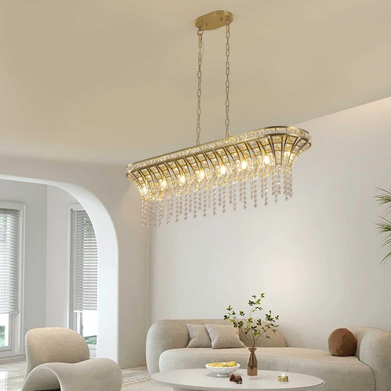 39" Modern Crystal Linear Rectangle Chandelier - Gold Finish