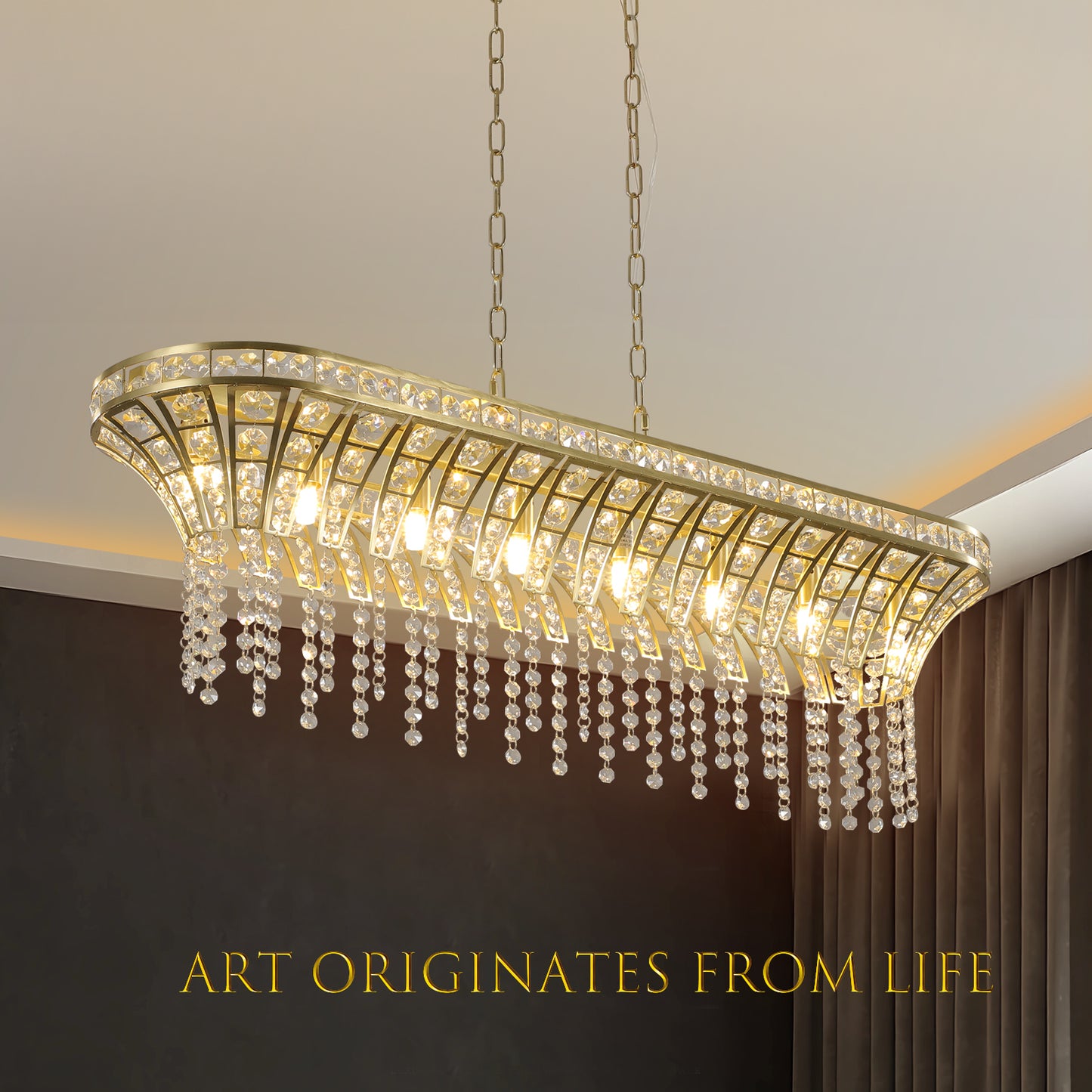 39" Modern Crystal Linear Rectangle Chandelier - Gold Finish