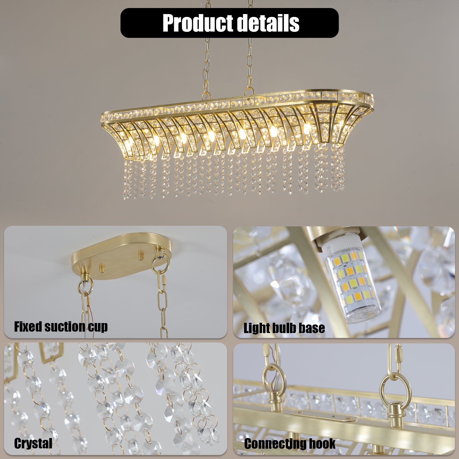 39" Modern Crystal Linear Rectangle Chandelier - Gold Finish