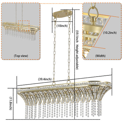 39" Modern Crystal Linear Rectangle Chandelier - Gold Finish