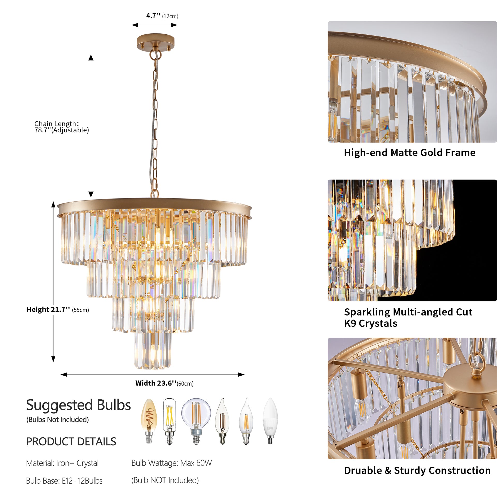 Gold Crystal Chandelier - 23.6" Modern Lighting