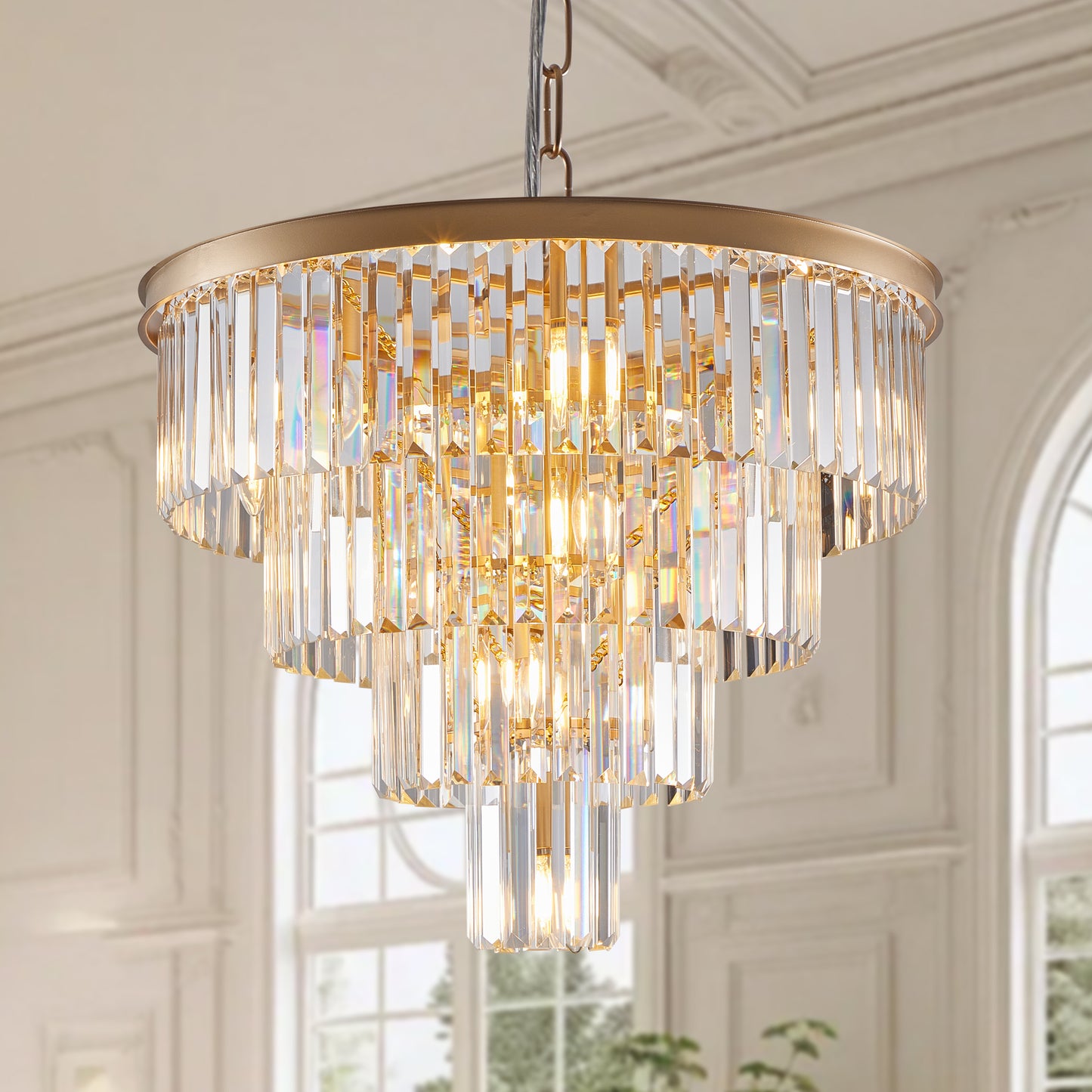 (Same as W1340P188544/L5007-600-G) 24" Contemporary Crystal Modern Chandeliers Crystal Ceiling Chandelier 4 Tier Golden Chandelier Lighting for Dining Room Living Room Bedroom (Bulbs Not Included)