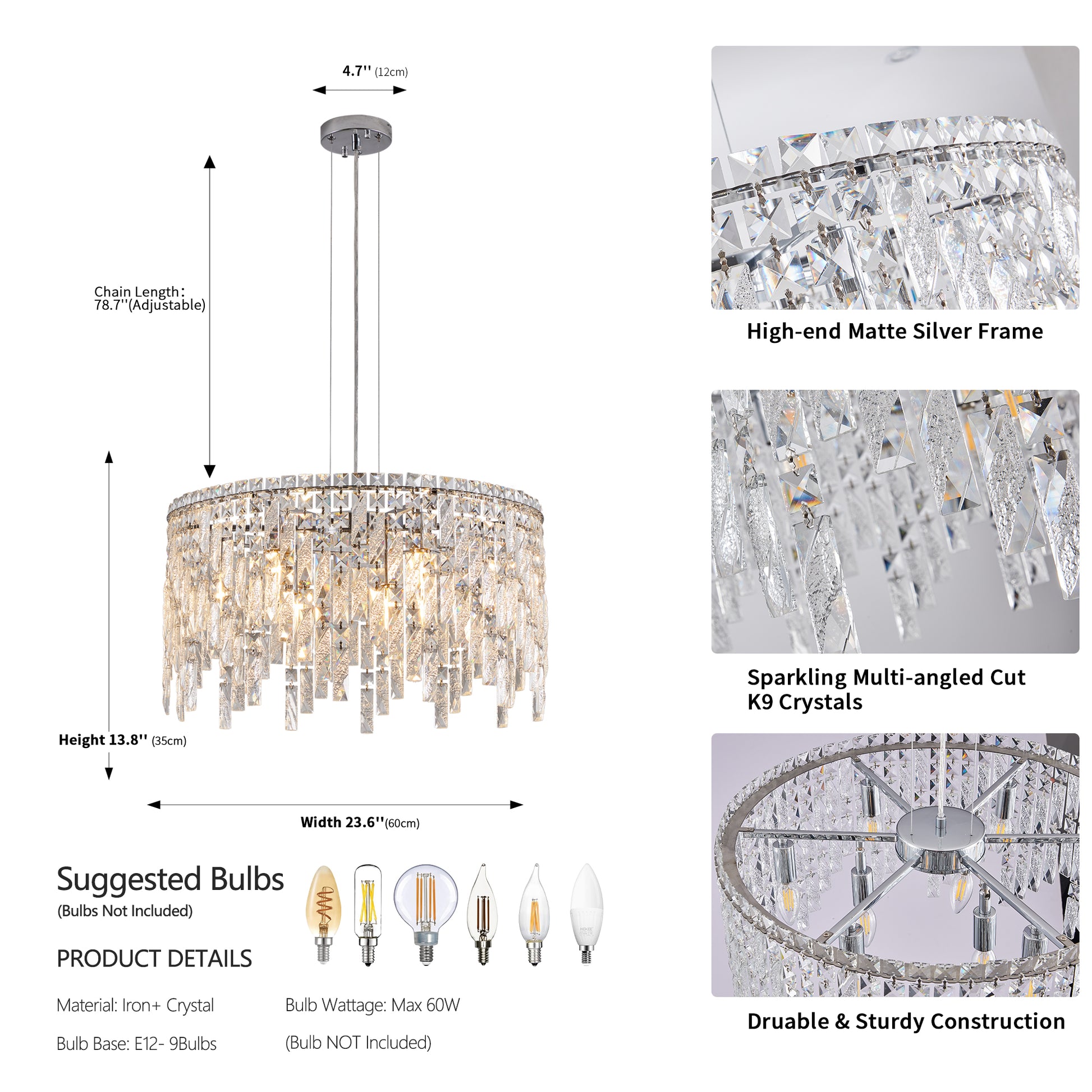23.6 Inch Chrome Iron Crystal Chandelier - Living Room Lighting