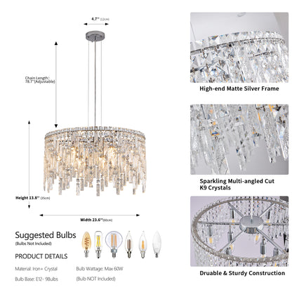 23.6 Inch Chrome Iron Crystal Chandelier - Living Room Lighting