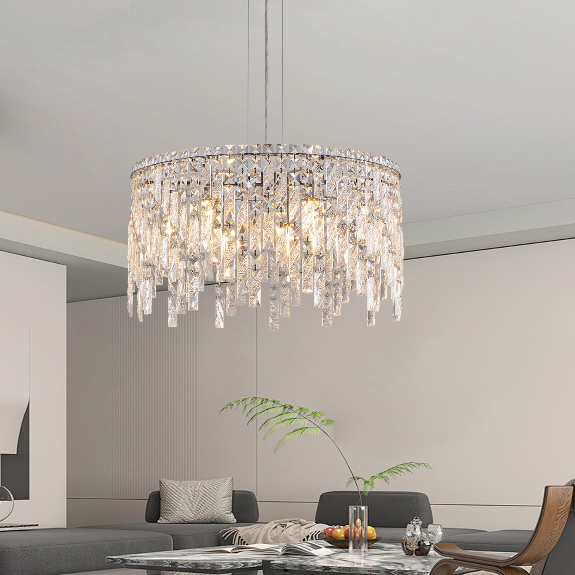 23.6 Inch Chrome Iron Crystal Chandelier - Living Room Lighting