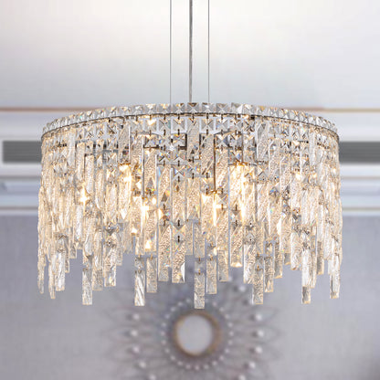 (Same as W1340P189437/L5024-600-C) 24" Luxurious Round Silver Crystal Chandelier, Contemporary Rectangular Pendant Light for Dining Room, Living Room, and Grand Foyers (Bulbs Not Included)