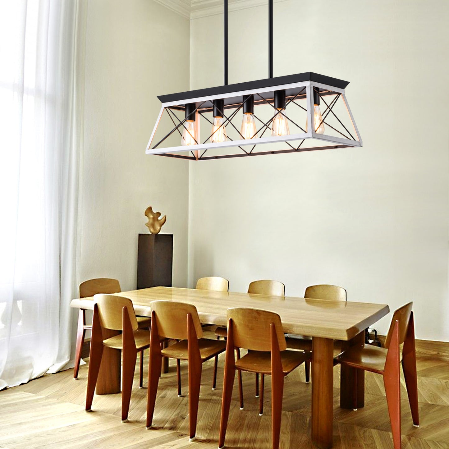 Industrial Pendant Chandelier - 32" Black White Iron Wood Dining Room Lighting