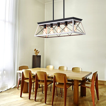 Industrial Pendant Chandelier - 32" Black White Iron Wood Dining Room Lighting