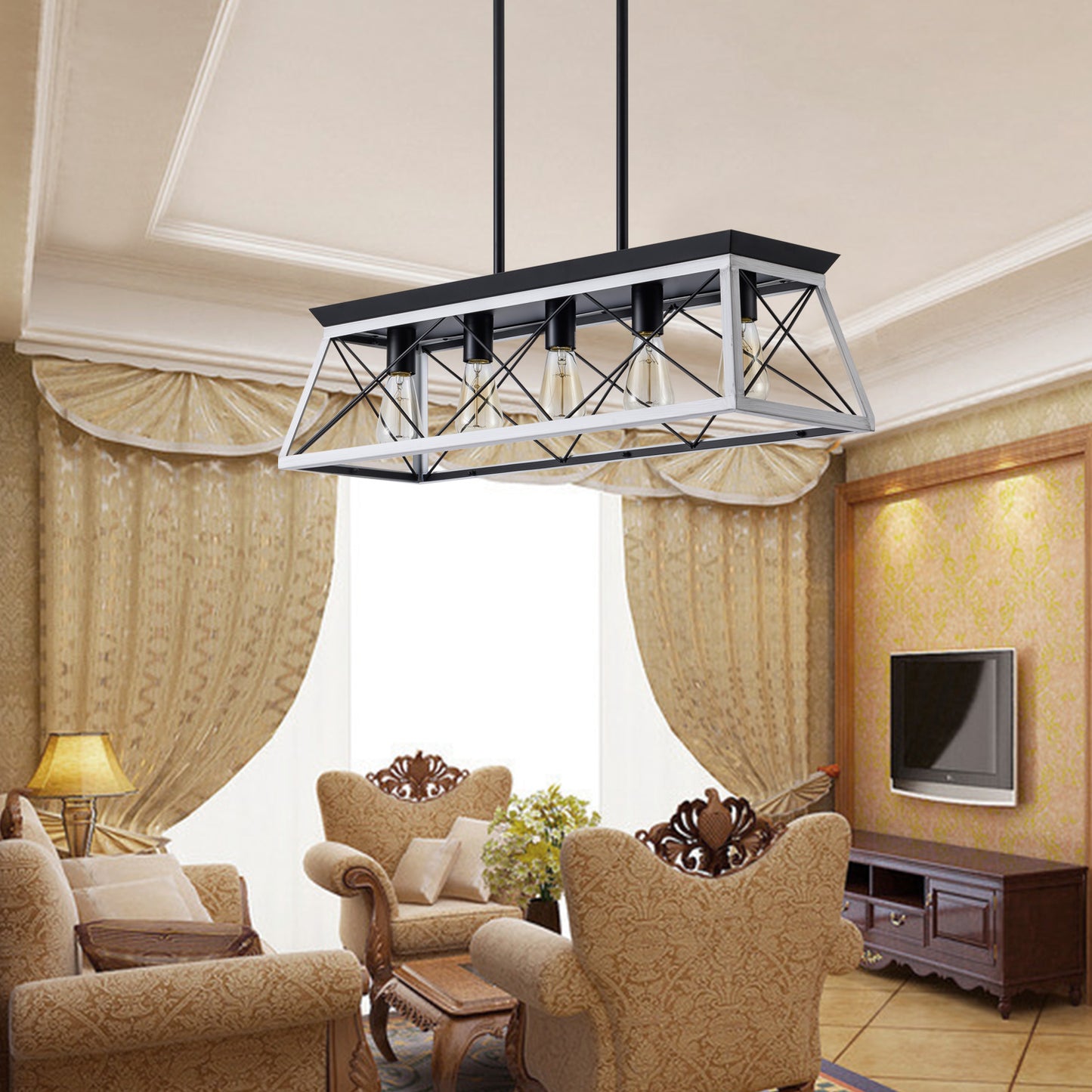 Industrial Pendant Chandelier - 32" Black White Iron Wood Dining Room Lighting