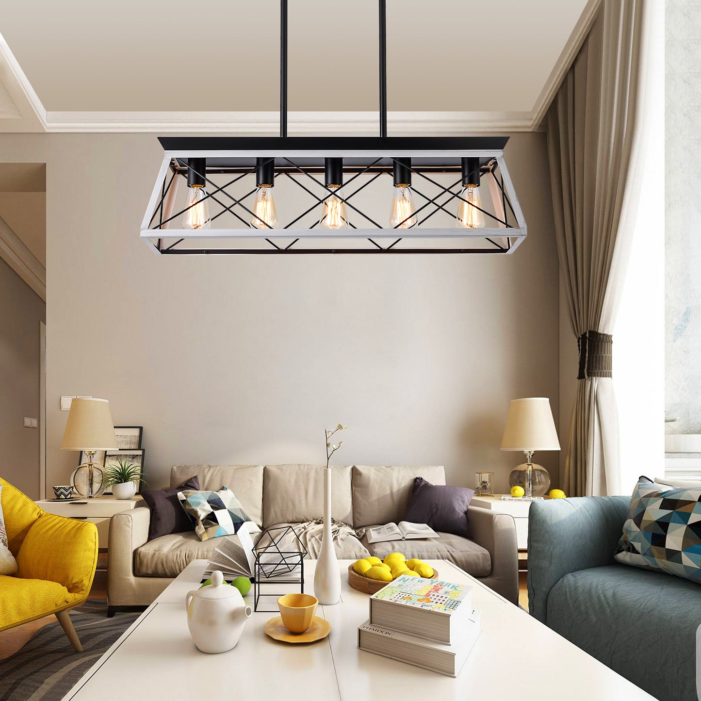 Industrial Pendant Chandelier - 32" Black White Iron Wood Dining Room Lighting