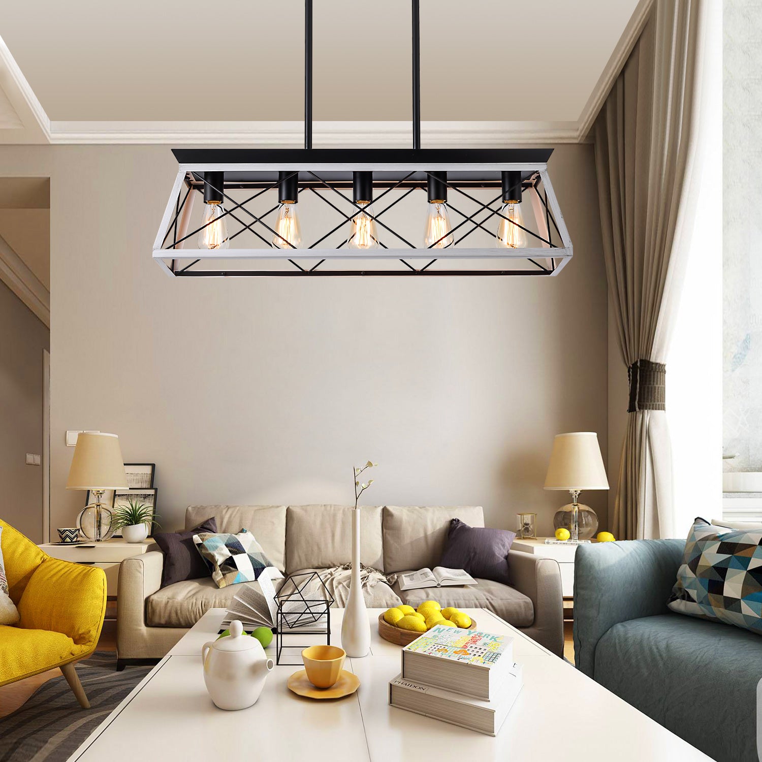 Industrial Pendant Chandelier - 32" Black White Iron Wood Dining Room Lighting