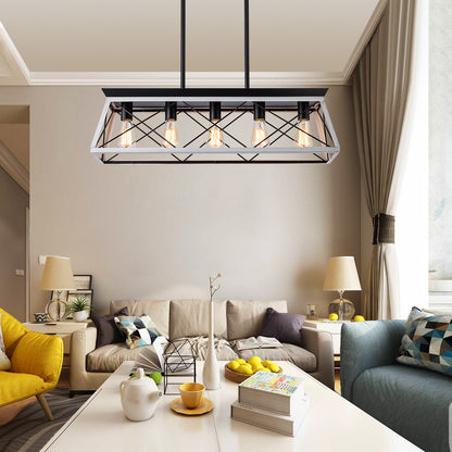 Industrial Pendant Chandelier - 32" Black White Iron Wood Dining Room Lighting