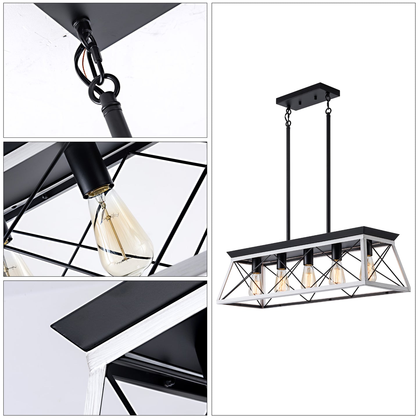 Industrial Pendant Chandelier - 32" Black White Iron Wood Dining Room Lighting