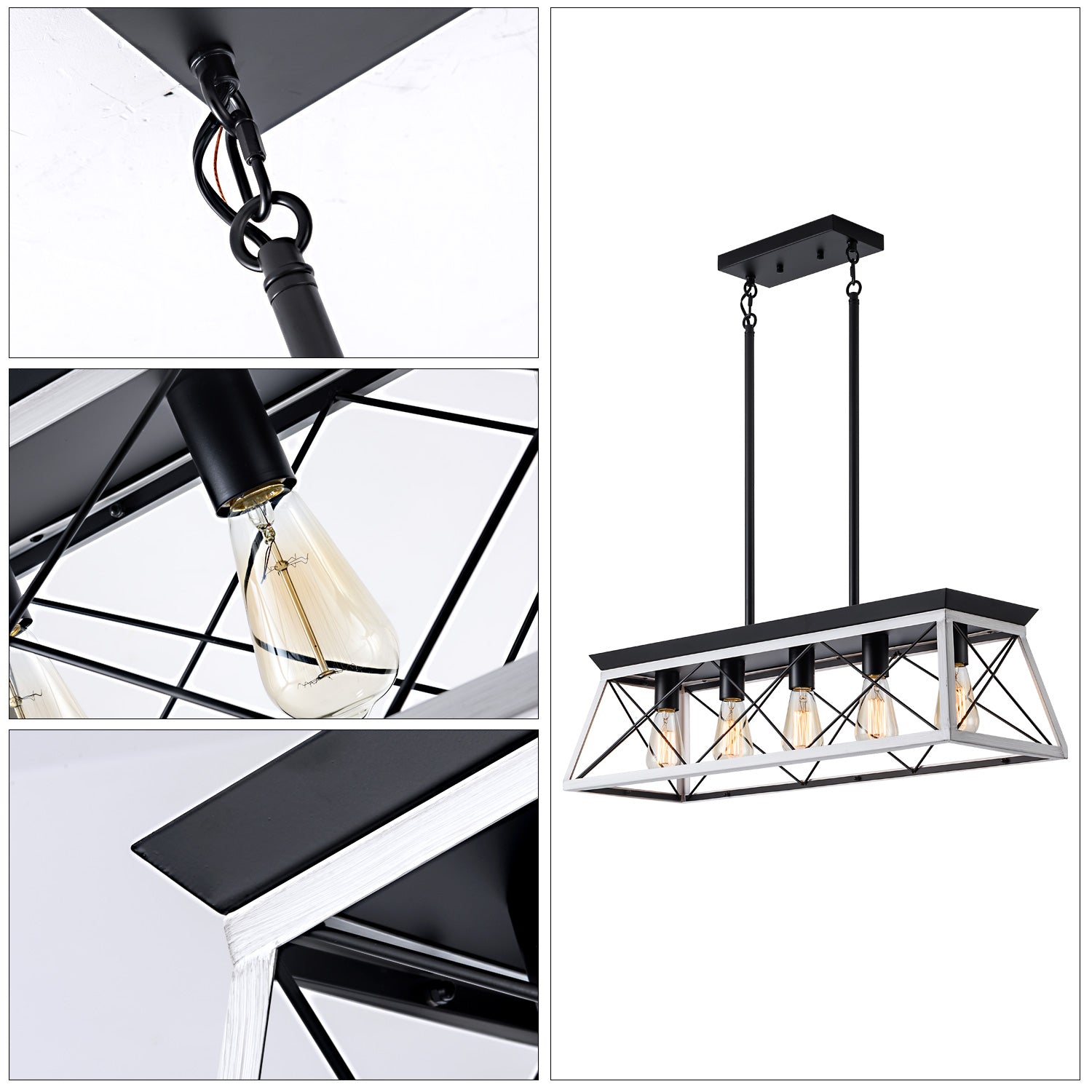 Industrial Pendant Chandelier - 32" Black White Iron Wood Dining Room Lighting