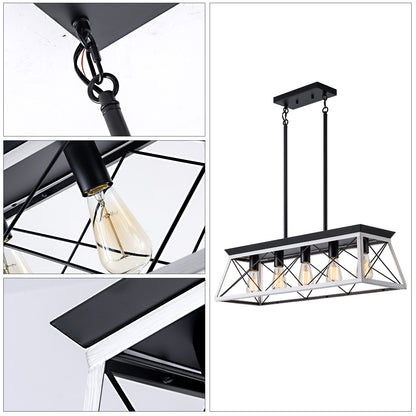 Industrial Pendant Chandelier - 32" Black White Iron Wood Dining Room Lighting