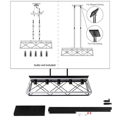 Industrial Pendant Chandelier - 32" Black White Iron Wood Dining Room Lighting