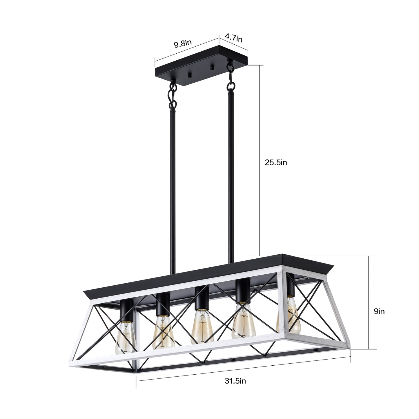 Industrial Pendant Chandelier - 32" Black White Iron Wood Dining Room Lighting