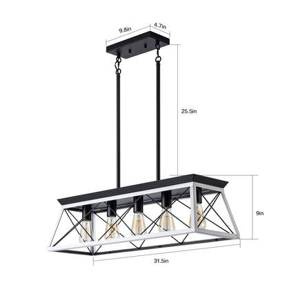 Industrial Pendant Chandelier - 32" Black White Iron Wood Dining Room Lighting