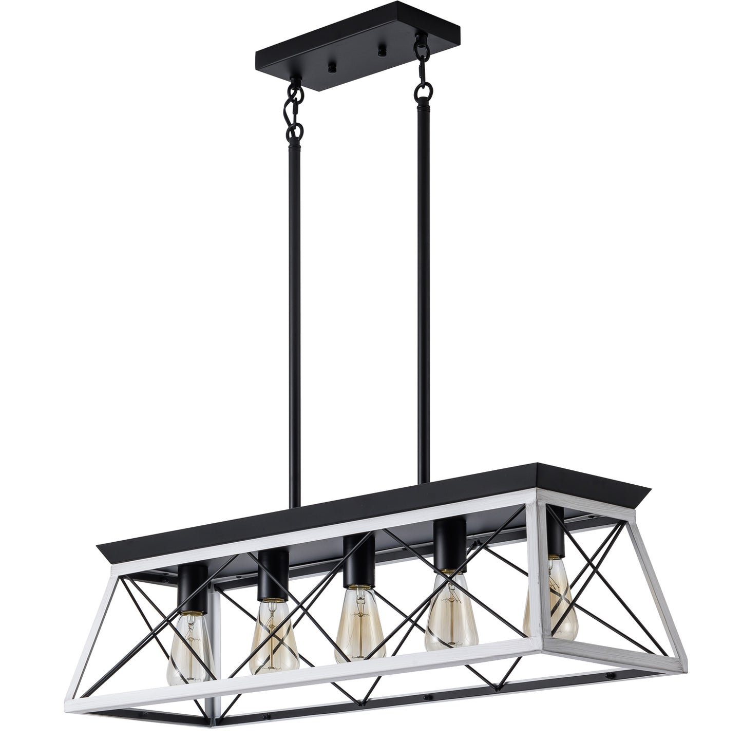 Industrial Pendant Chandelier - 32" Black White Iron Wood Dining Room Lighting