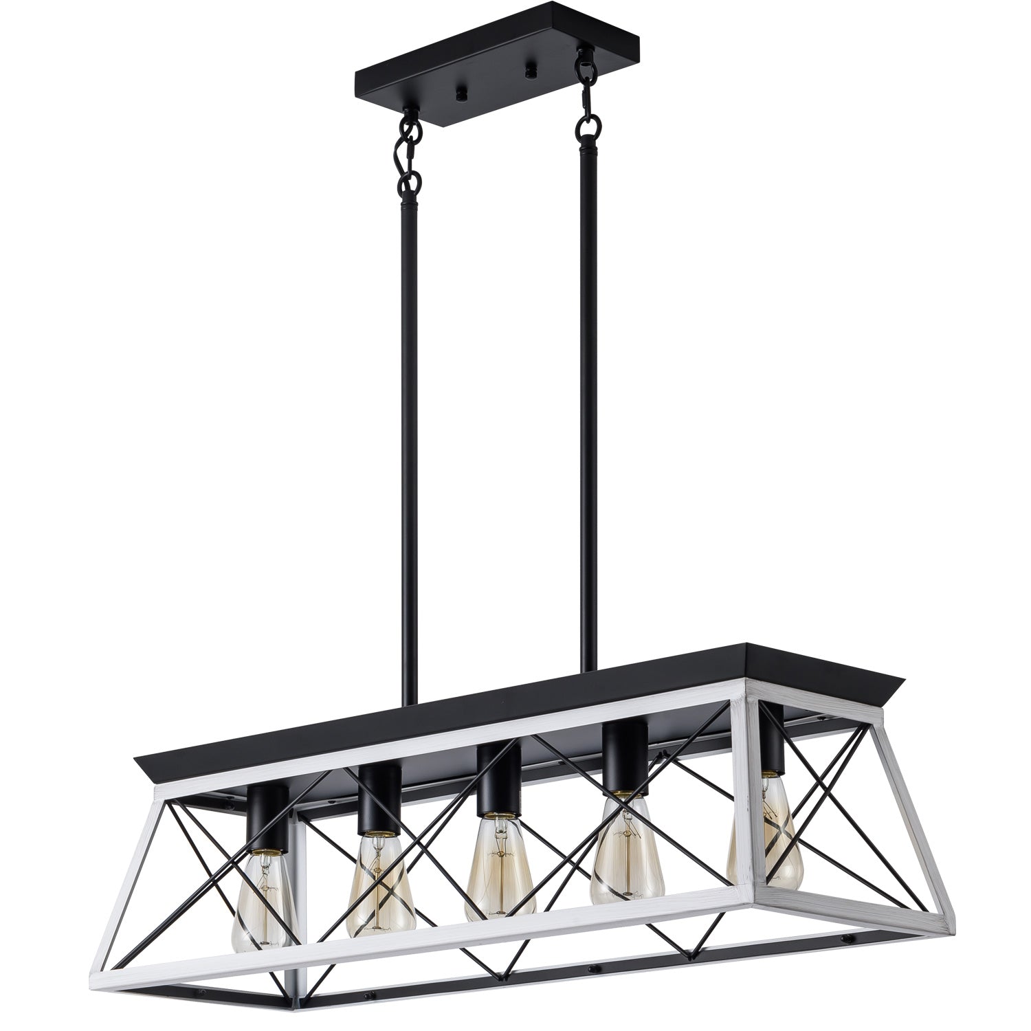 Industrial Pendant Chandelier - 32" Black White Iron Wood Dining Room Lighting
