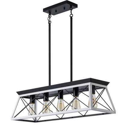 Industrial Pendant Chandelier - 32" Black White Iron Wood Dining Room Lighting