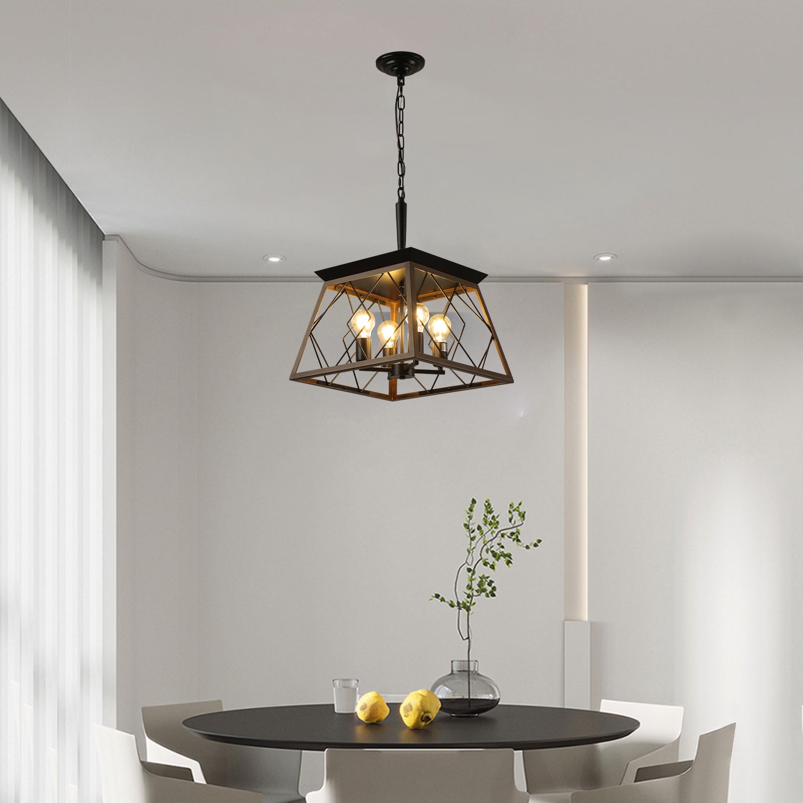 (Same as W1340111202/L1008) 16" Walnut Industrial 4-Light Pendant Chandelier, Modern Metal Cage Design, Adjustable Hanging Light for Dining Room, Kitchen, Living Room (No Bulbs)