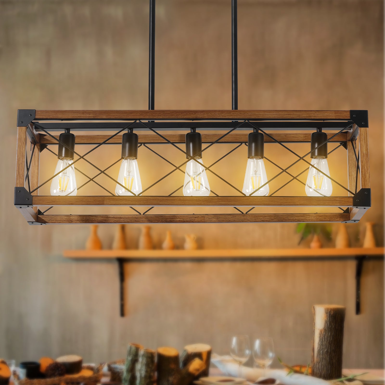(Same as W1340111207/L1011) 32" Walnut Industrial Farmhouse Rectangle Pendant Light, 5-Light Chandelier for Dining Room, Kitchen Island, Cafe Decor (No Bulbs)