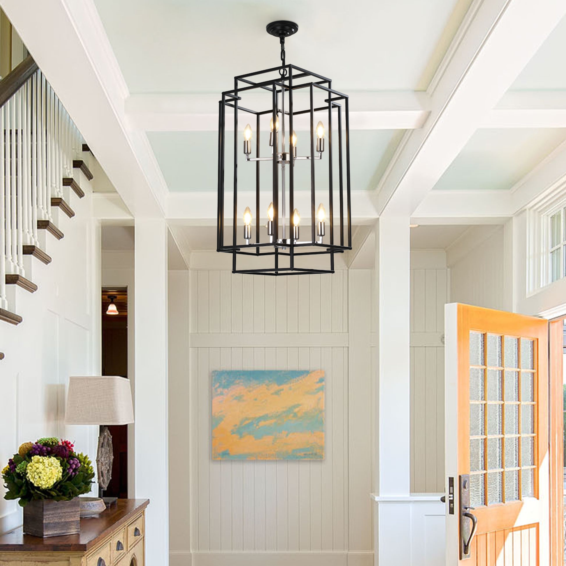 Chrome Iron Farmhouse Pendant Light - 8 Light Adjustable Chandelier