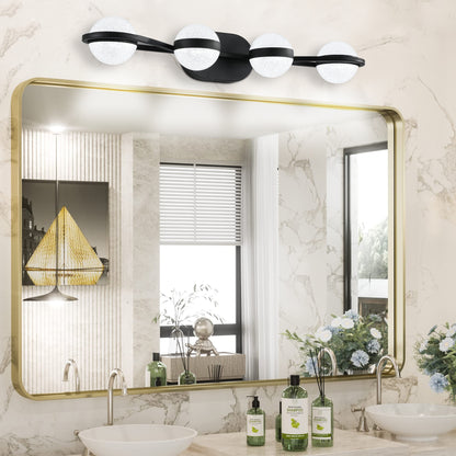 (Same as W1340P143677/L2001-B-4) 30" Black Minimalist LED Bathroom Vanity Light with Crystal Sand Acrylic Shades, 4-Light Wall Mounted Decorative Lighting Fixture, Suitable for Bathroom Vanity Mirror