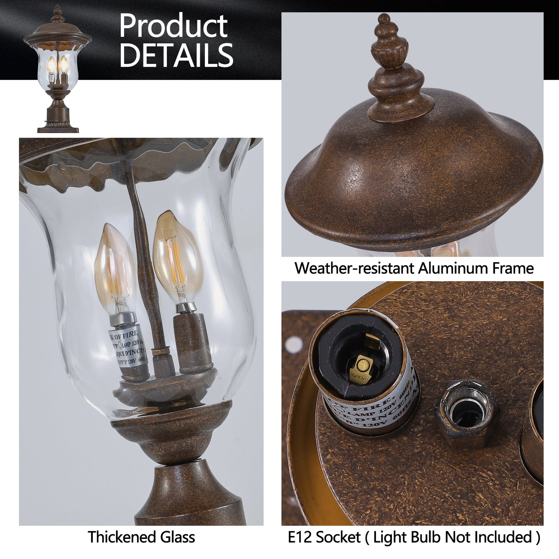 Vintage Outdoor Lamp Post Light - Waterproof Bronze Lantern for Yard & Porch