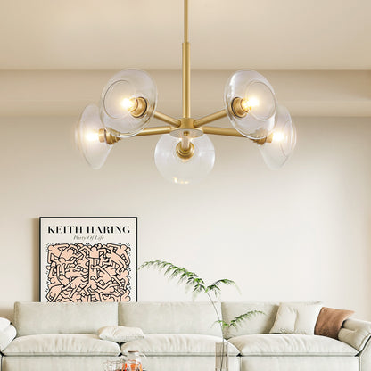 26" Modern Gold 5-Light Sputnik Chandelier with Clear Glass Shades, Mid-Century Hanging Pendant Light Fixture for Dining Room, Living Room, or Kitchen (Bulb Not Included)