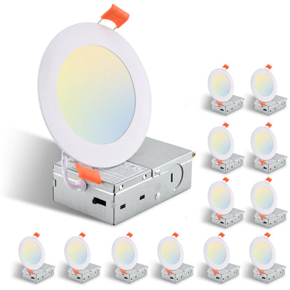 12-Pack 4 Inch Ultra-Thin LED Recessed Ceiling Light with Junction Box, 2700K-5000K Dimmable Color Changing Downlight, 9W 810LM, Easy Install, Ideal for Kitchen, Bedroom, Basement