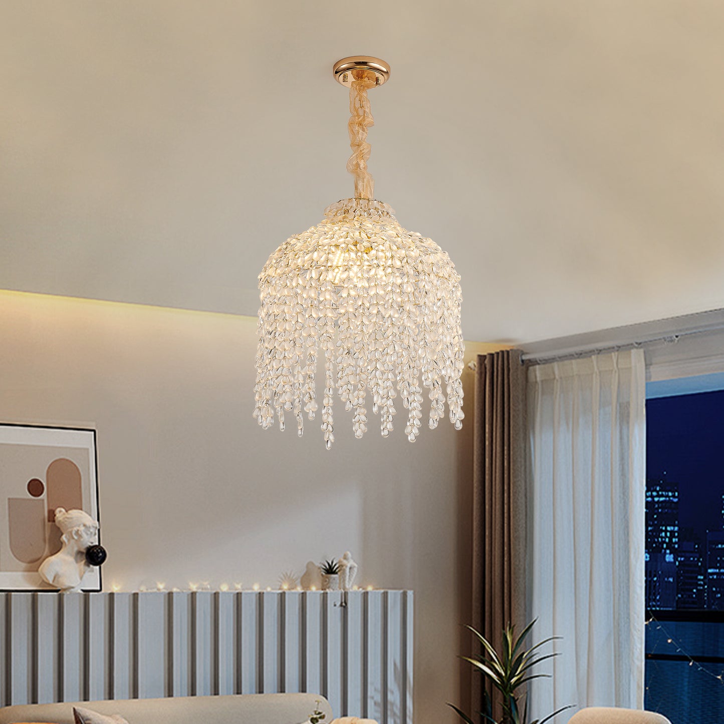 Elegant Gold Crystal Pendant Light - Waterfall Design, 5 Lights