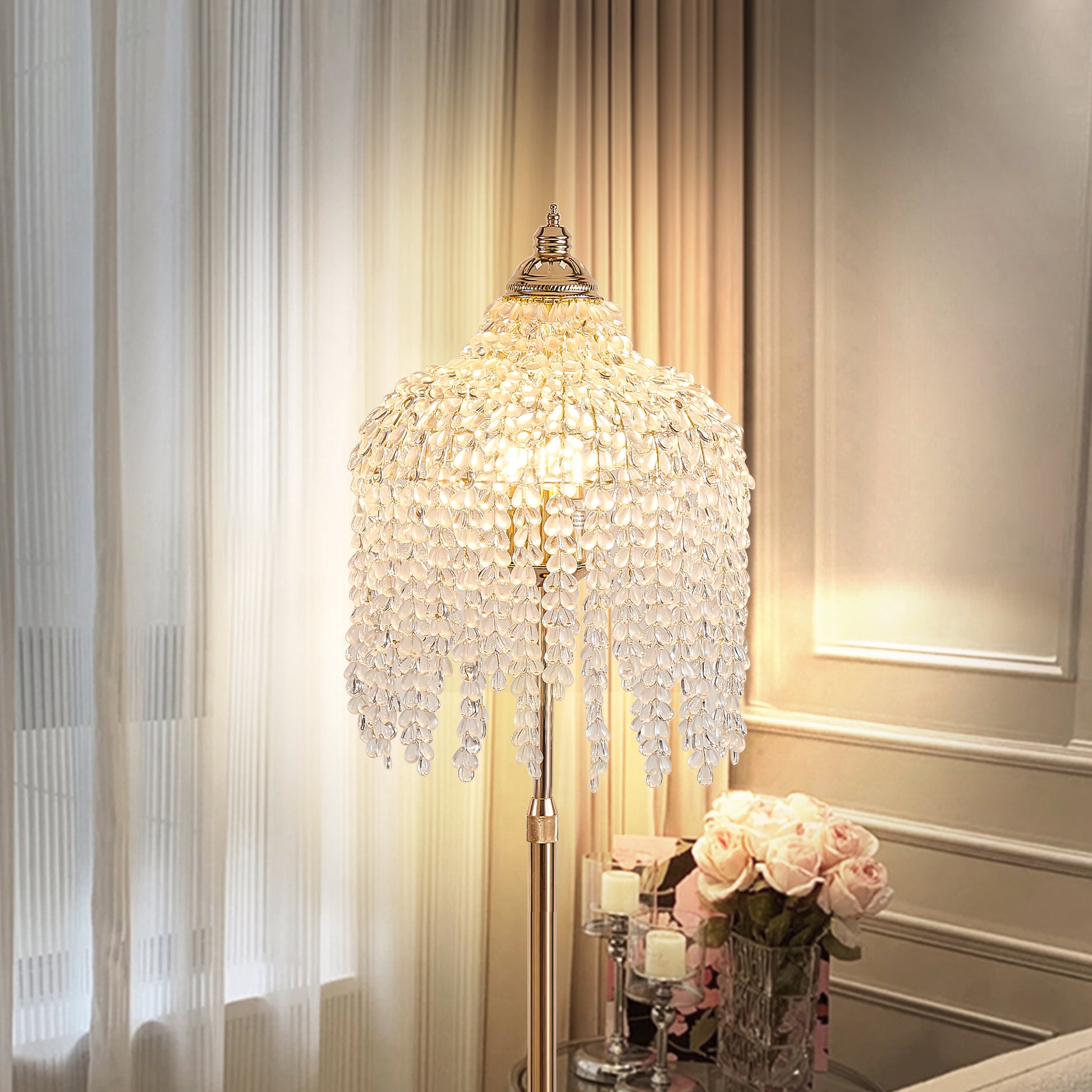 Gold Crystal Waterfall Floor Lamp - 63 Inch Living Room Lighting