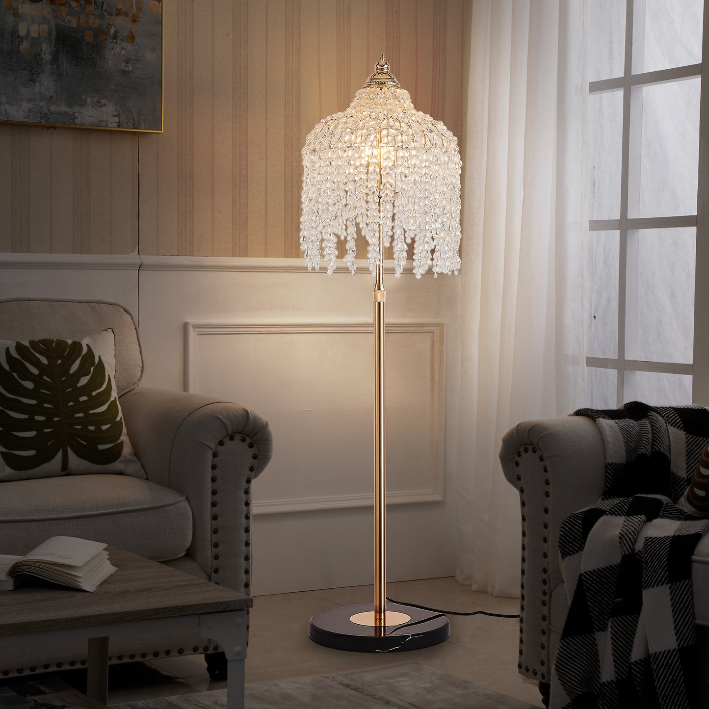 Gold Crystal Waterfall Floor Lamp - 63 Inch Living Room Lighting