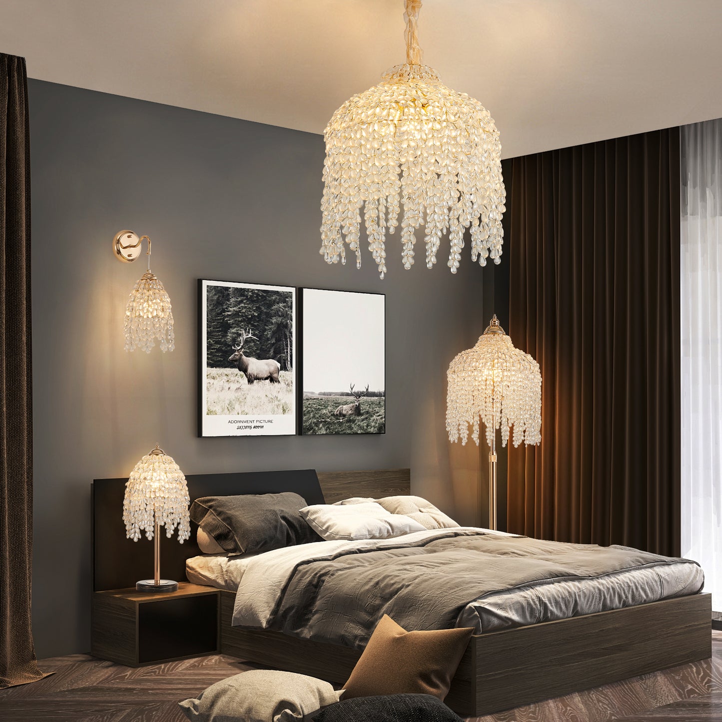 Gold Crystal Waterfall Floor Lamp - 63 Inch Living Room Lighting