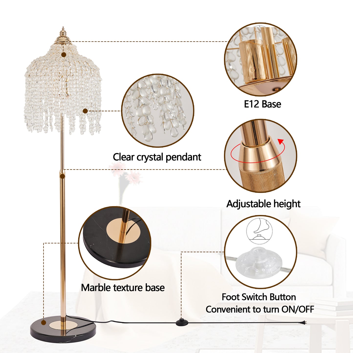 Gold Crystal Waterfall Floor Lamp - 63 Inch Living Room Lighting